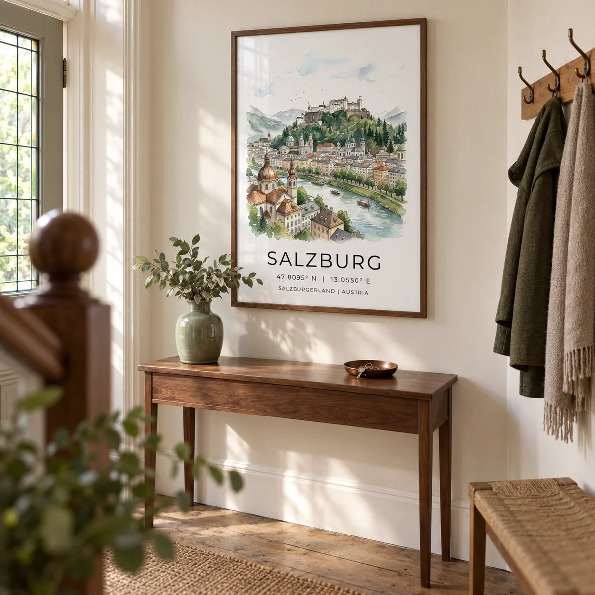 Salzburg City Print, framed on the wall of a welcoming hallway in a UK period townhouse with pale cream walls and original wooden floorboards