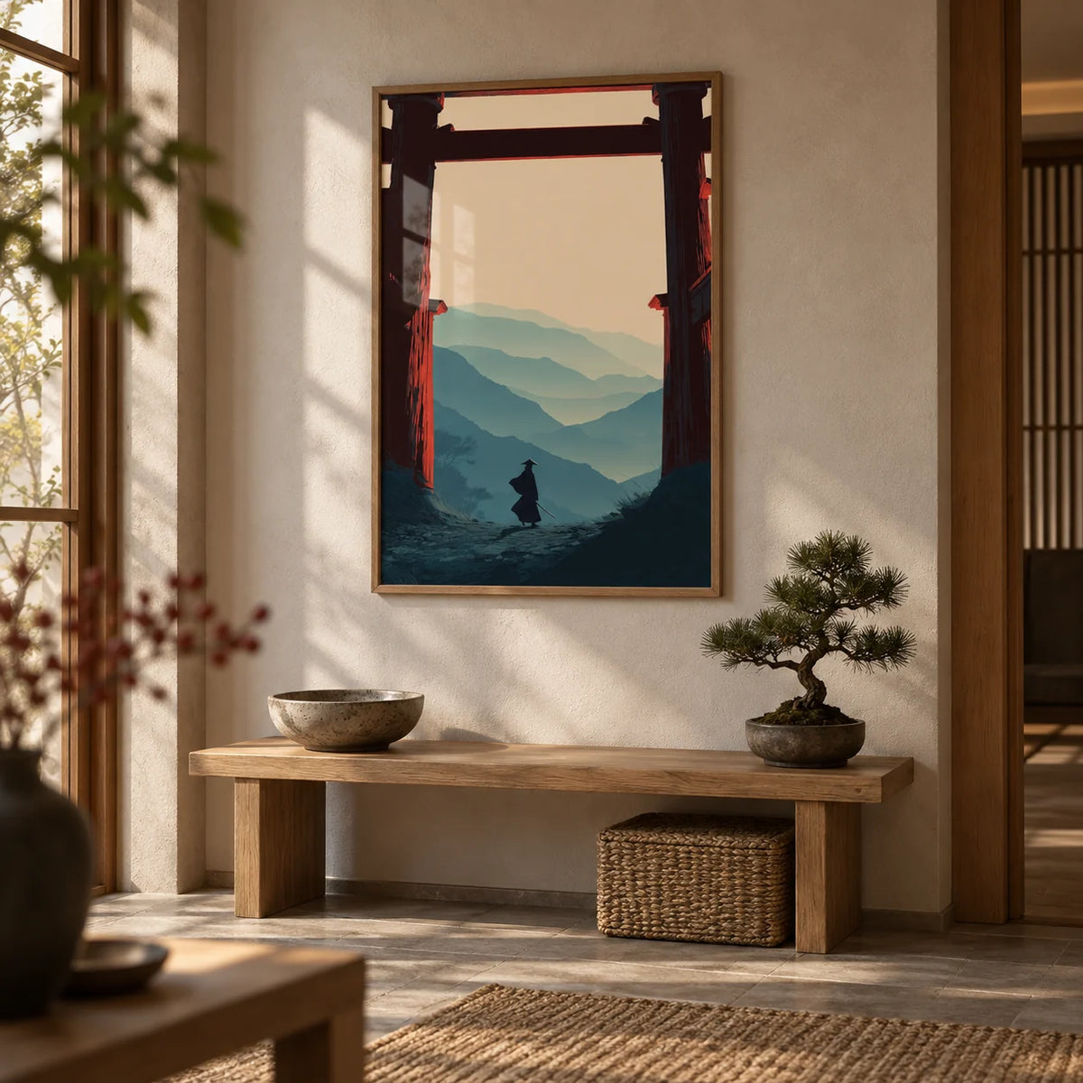 Samurai Mountain Poster, framed on the wall of a calm Japandi hallway