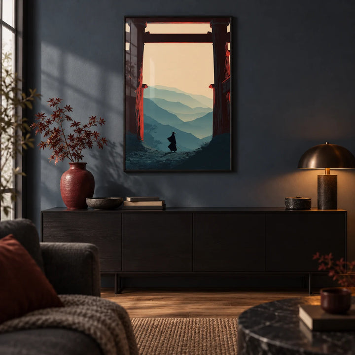 Samurai Mountain Poster, framed on the wall of a moody modern living room with a deep blue-grey wall