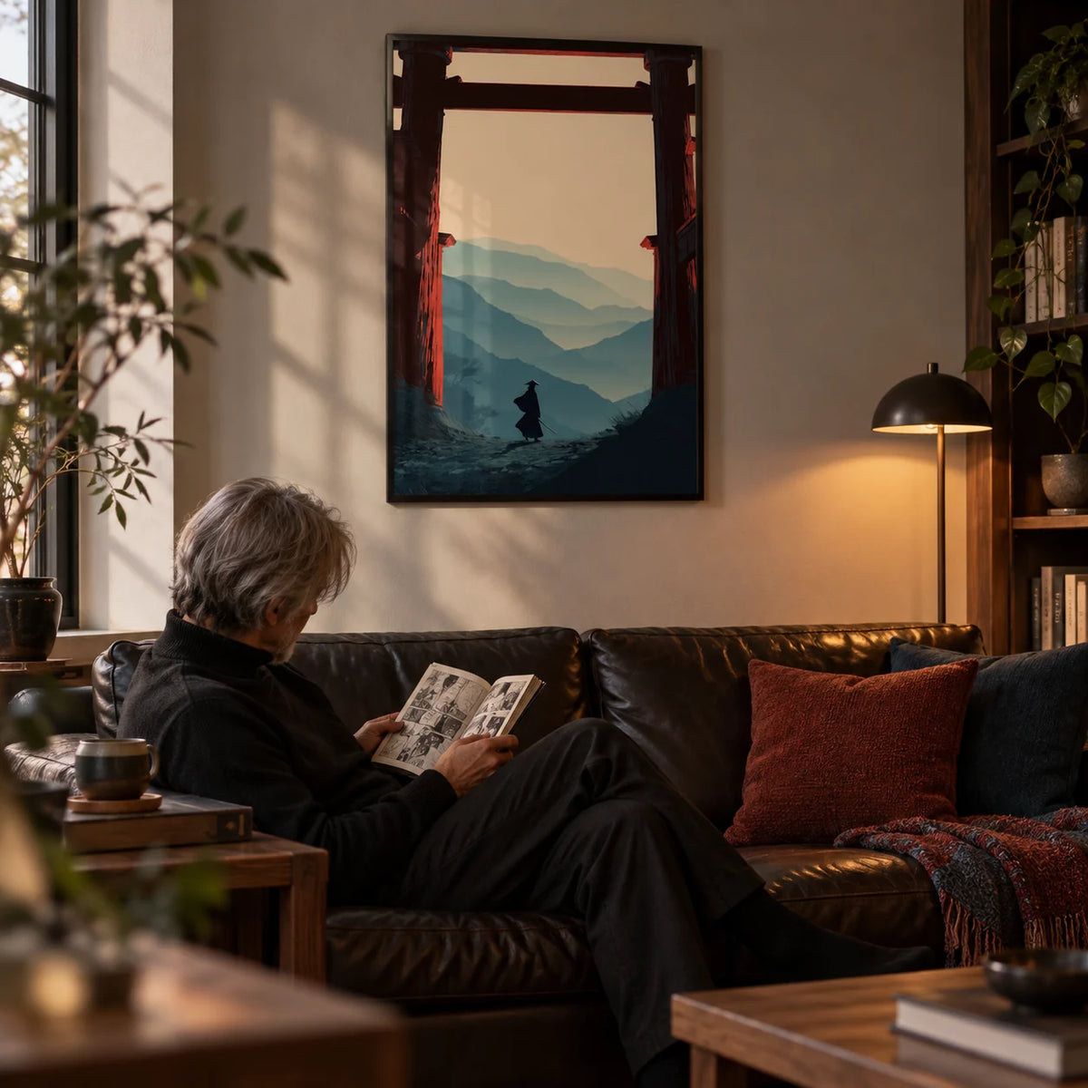 Samurai Mountain Poster, framed on the wall of a stylish den in a living room