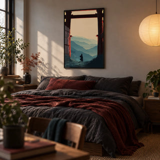 Samurai Mountain Poster, framed on the wall of a young adult's bedroom (20-30)