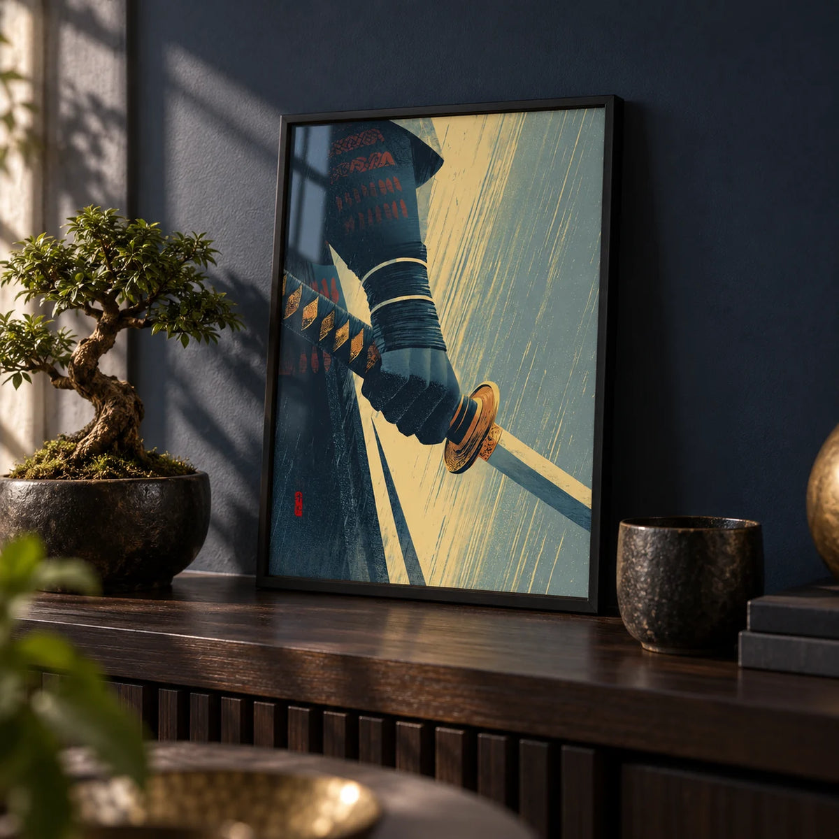 Katana Wall Art, a small A4 framed print leaning on a dark wood shelf in a living room