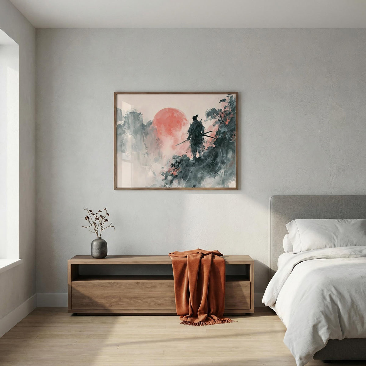 Abstract Warrior Poster print with a red sun and samurai silhouette above a wooden sideboard in a bedroom