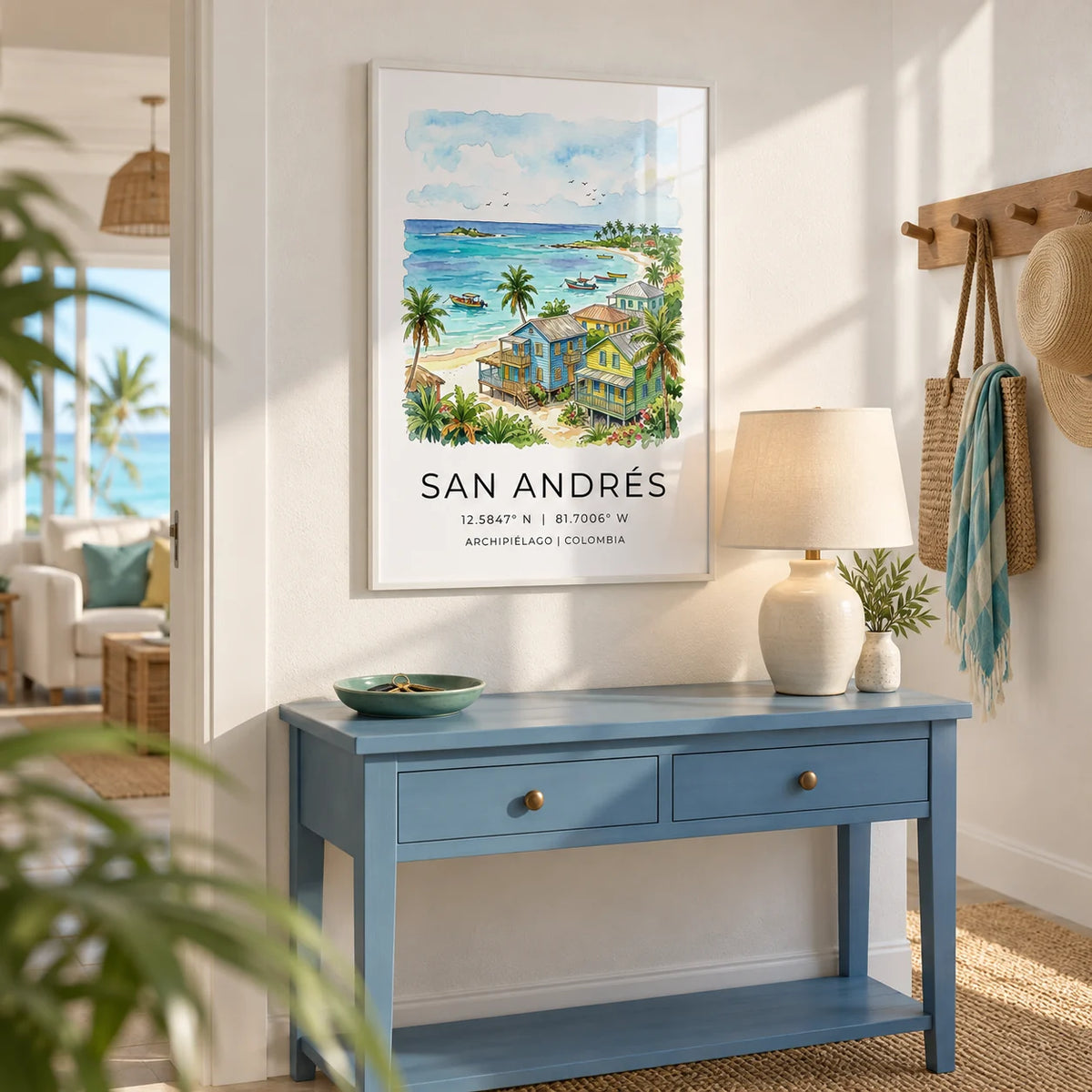 San Andres Art Print, framed on the wall of a bright hallway in a seaside flat with chalk white walls and a natural coir runner