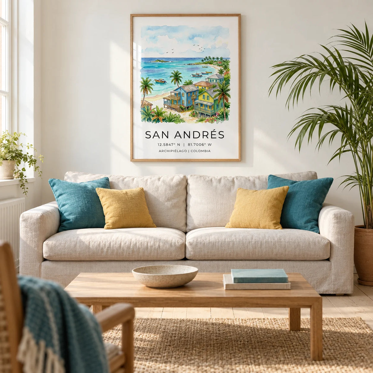 San Andres Art Print, framed on the wall of a relaxed coastal living room in a UK terrace with warm white plaster walls and pale oak floorboards