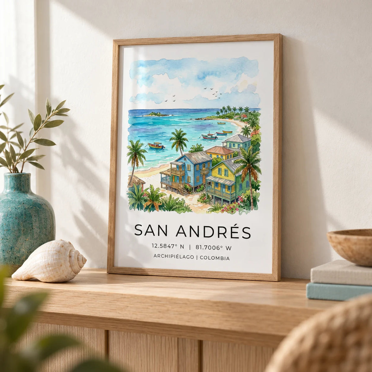 San Andres Art Print, a small A4 framed print leaning on a pale oak shelf in a living room