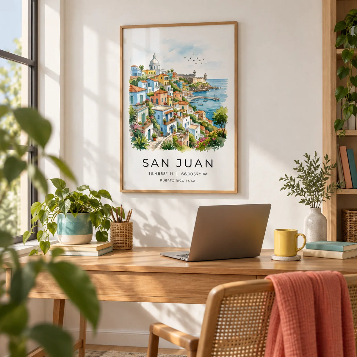 San Juan Art Print, framed on the wall of a bright home office with a white wall
