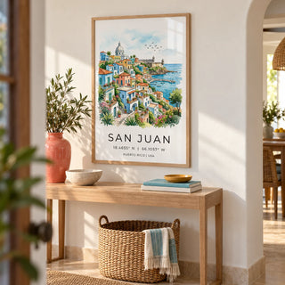 San Juan Art Print, framed on the wall of a cheerful hallway with a warm white wall