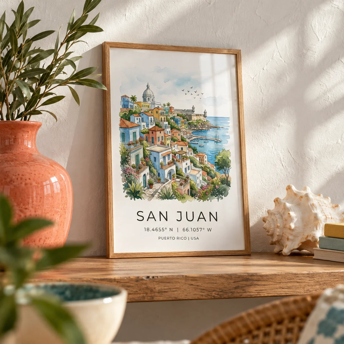 San Juan Art Print, a small A4 framed print leaning on an oak shelf in a living room