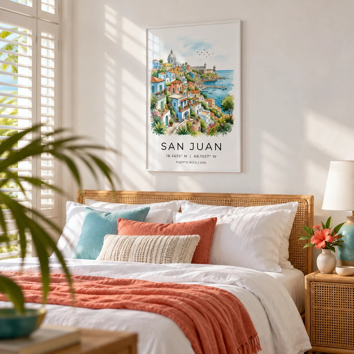San Juan Art Print, framed on the wall of a sunny bedroom with white walls and louvred shutters