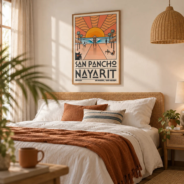 San Pancho Nayarit Print, framed on the wall of a relaxed bedroom