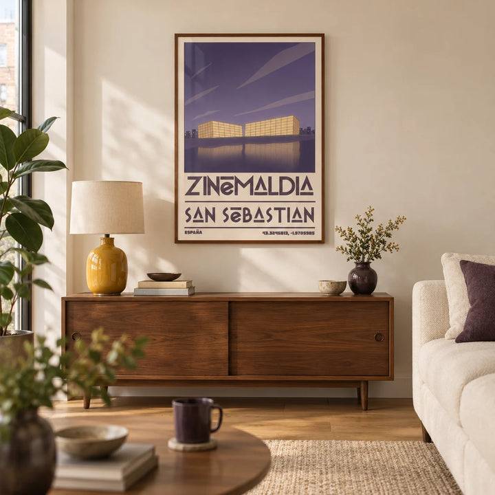 San Sebastian Wall Art, framed on the wall of a design-led living room in a UK city flat with a warm cream wall