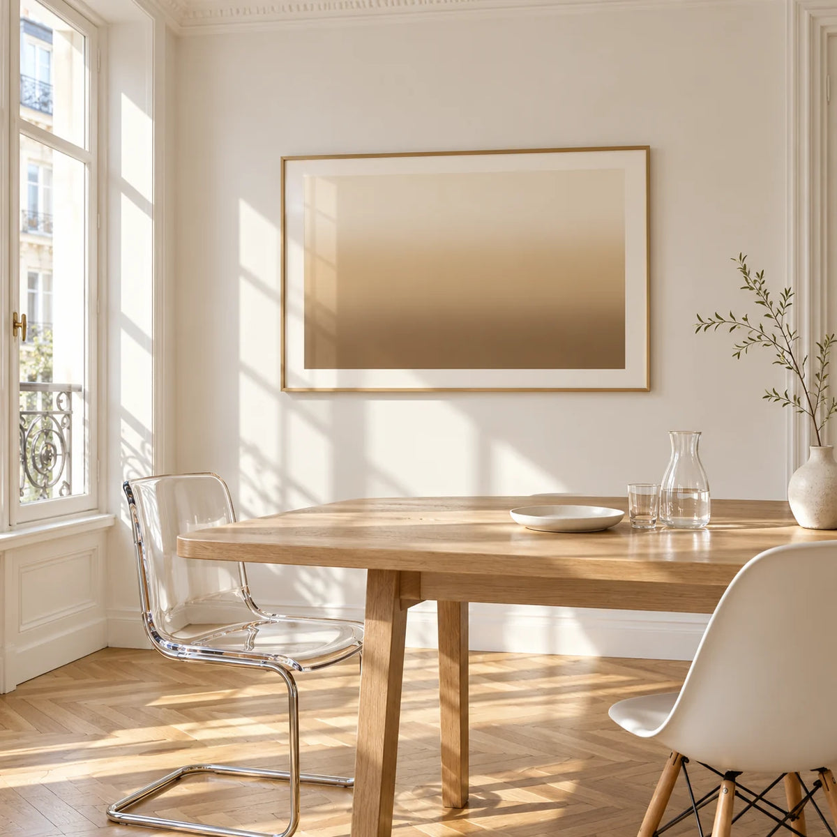 Sand Wall Art, framed on the wall of a bright dining corner