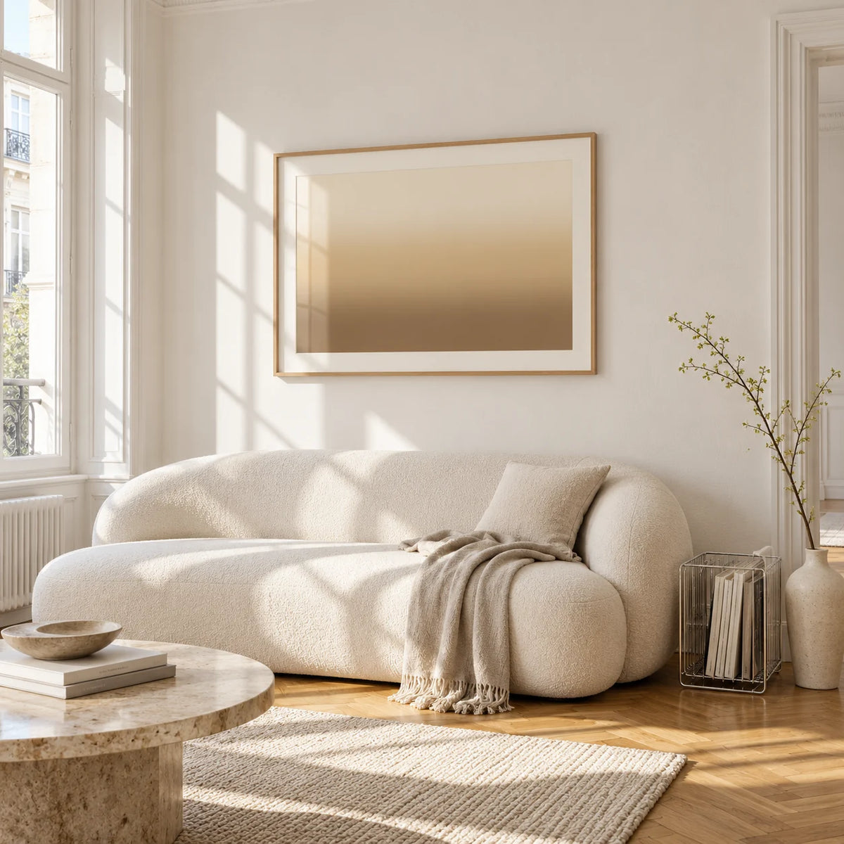 Sand Wall Art, framed on the wall of a bright living room corner