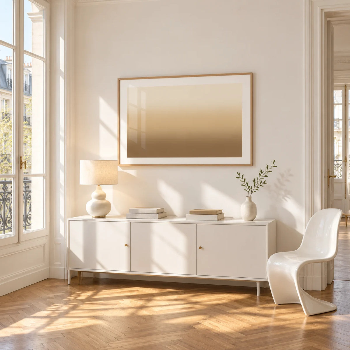 Sand Wall Art, framed on the wall of a bright Paris style apartment in a living room