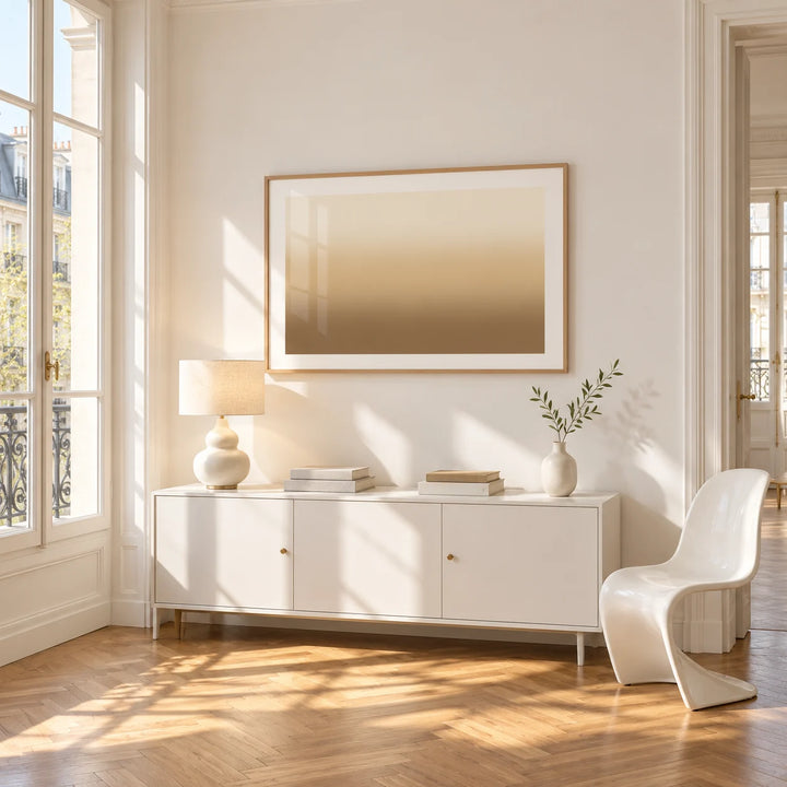 Sand Wall Art, framed on the wall of a bright Paris style apartment in a living room