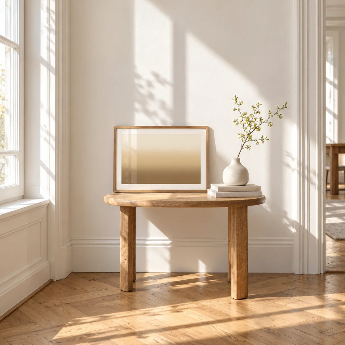 Sand Wall Art, a small A4 framed print leaning on a small solid oak side table