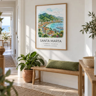 Santa Marta Art Print, framed on the wall of a bright hallway in a UK coastal terrace with chalky white walls and pale stone flooring