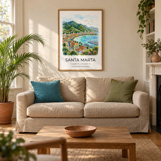 Santa Marta Art Print, framed on the wall of a relaxed living room in a UK Victorian terrace with warm ivory plaster walls and an oak floor