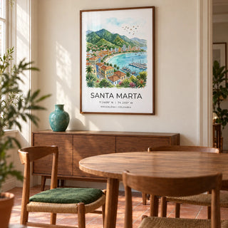 Santa Marta Art Print, framed on the wall of a warm dining room in a UK townhouse with a pale cream wall and terracotta floor tiles