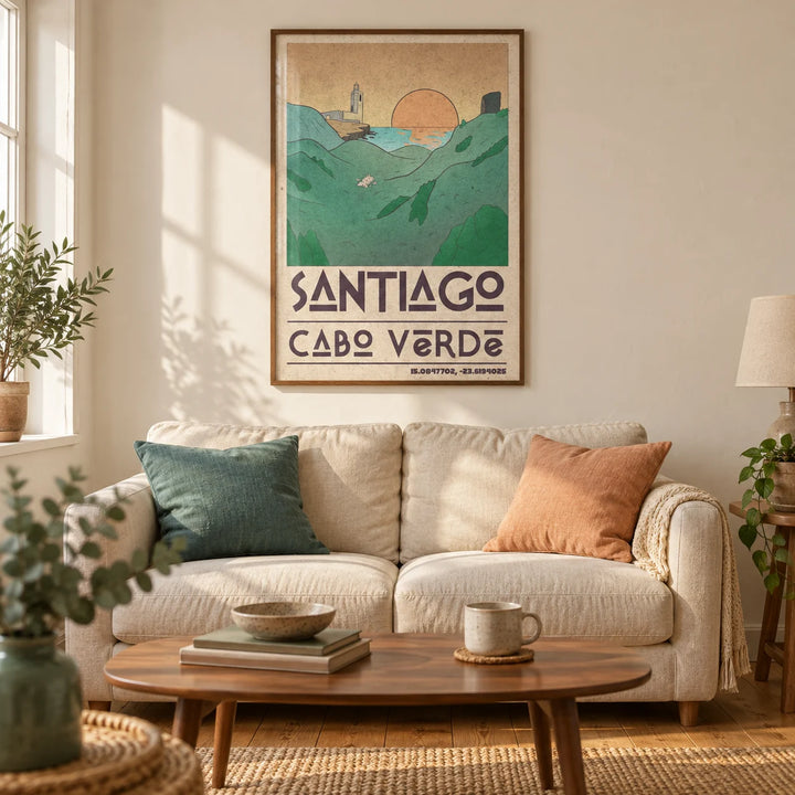 Santiago Cabo Verde Art Print, framed on the wall of a warm coastal living room in a UK terraced home with cream plaster walls and honey-toned floorboards