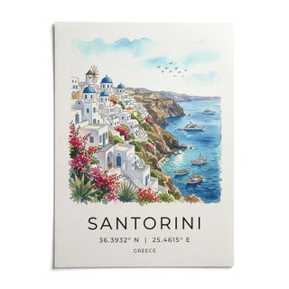 Santorini Art Print, shown as an unframed paper print on a plain white background