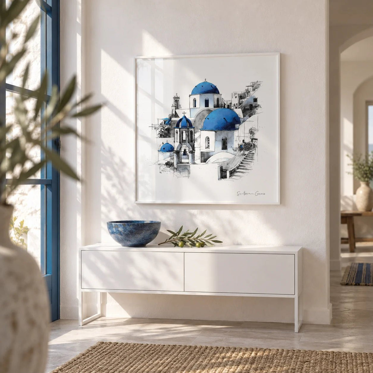 Santorini Wall Art, framed on the wall of a bright hallway
