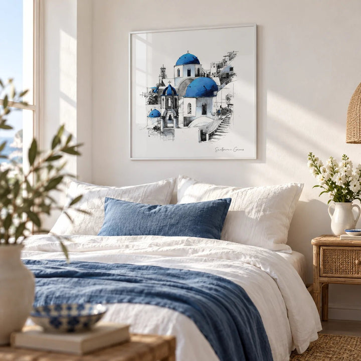 Santorini Wall Art, framed on the wall of a light coastal bedroom with white walls