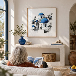 Santorini Wall Art, framed on the wall of a Mediterranean-style living room with white plaster walls