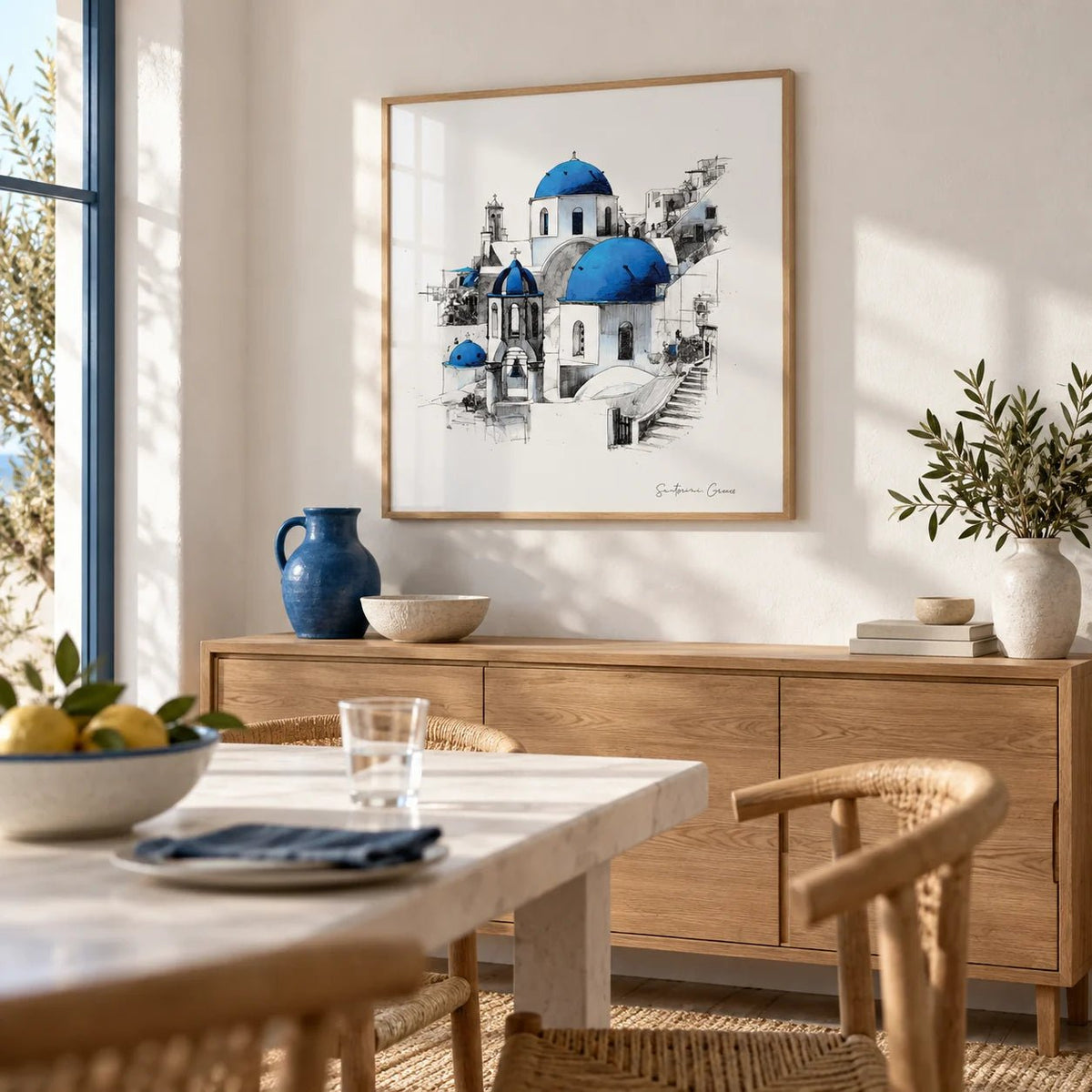 Santorini Wall Art, framed on the wall of a sunny dining room