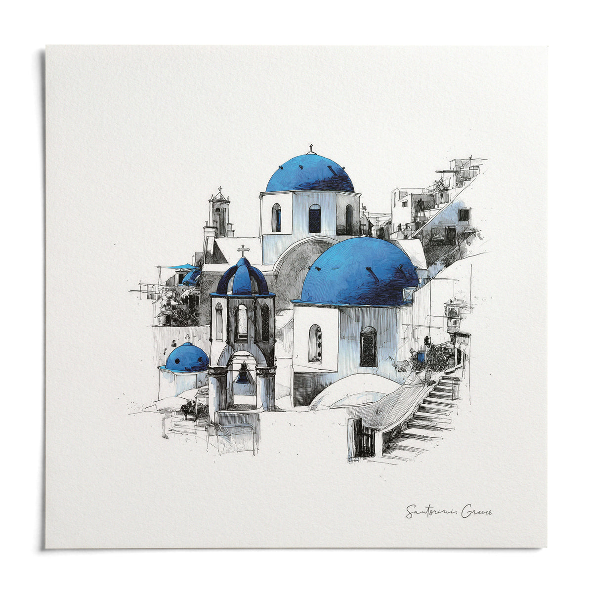 Santorini Wall Art, shown as an unframed paper print on a plain white background