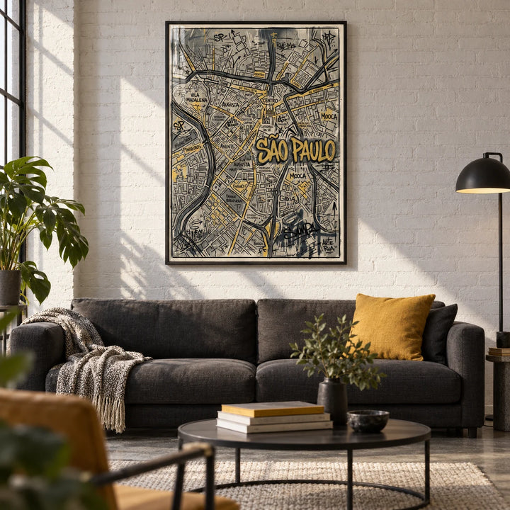Sao Paulo Map Art, framed on the wall of an urban loft living room with a white painted brick wall and a polished concrete floor