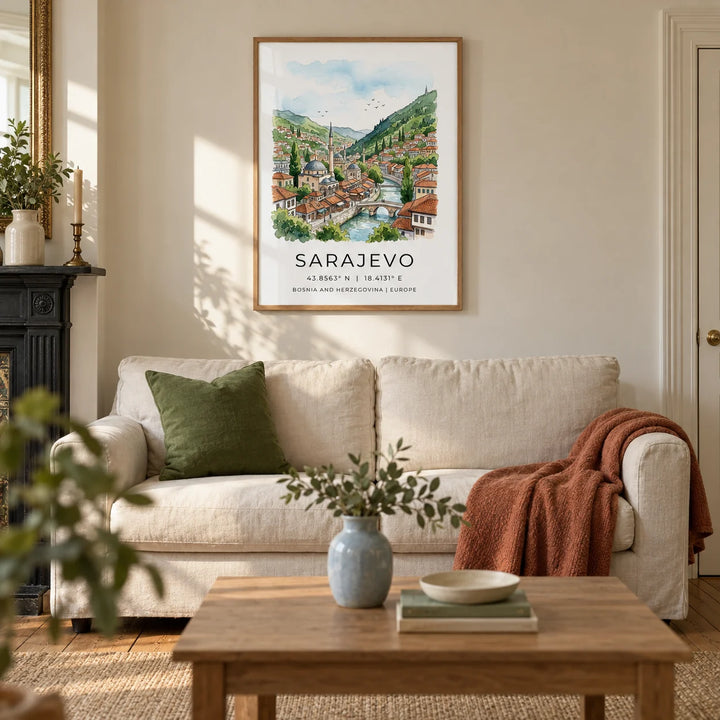 Sarajevo City Print, framed on the wall of a calm living room in a UK Victorian terrace with warm cream plaster walls and stripped wooden floorboards