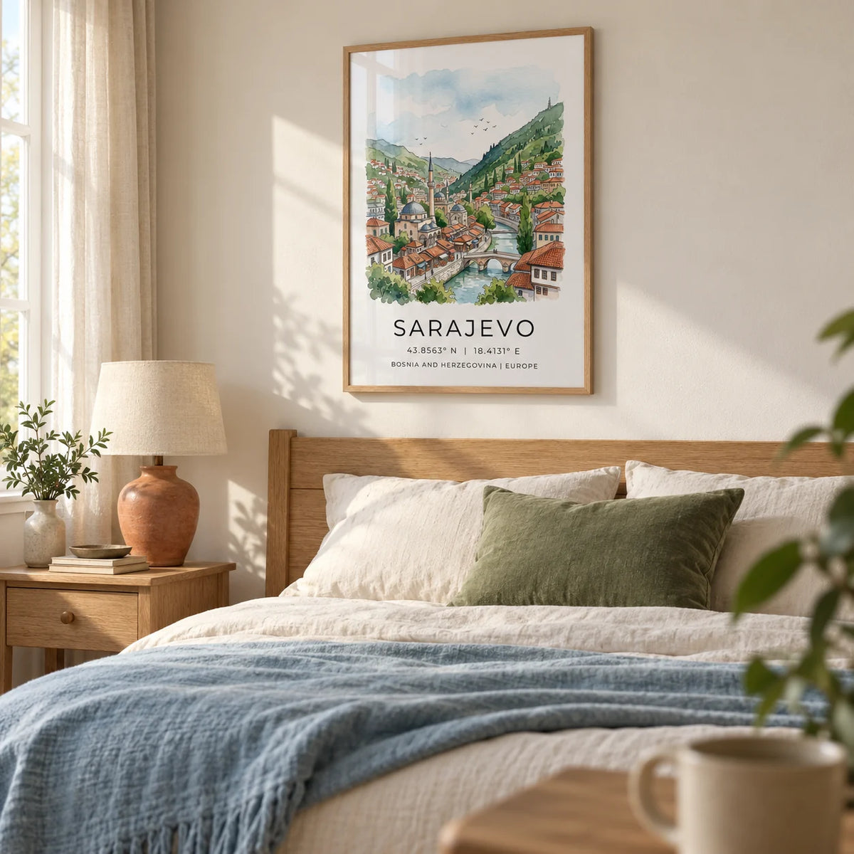 Sarajevo City Print, framed on the wall of a peaceful bedroom in a UK home with warm white walls and simple oak furniture