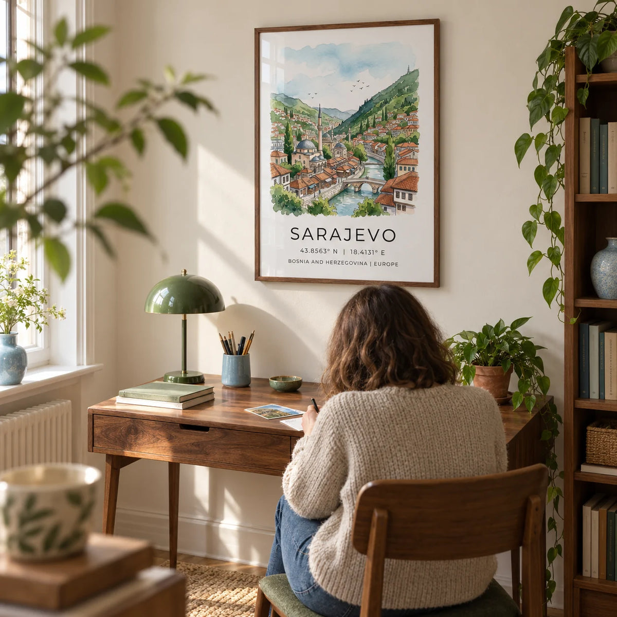Sarajevo City Print, framed on the wall of a quiet home study in a UK flat with a pale cream wall and a wooden floor