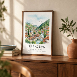 Sarajevo City Print, a small A4 framed print leaning on a walnut sideboard in a living room