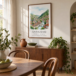 Sarajevo City Print, framed on the wall of a welcoming dining room in a modest UK townhouse with warm white walls and a shallow arched alcove