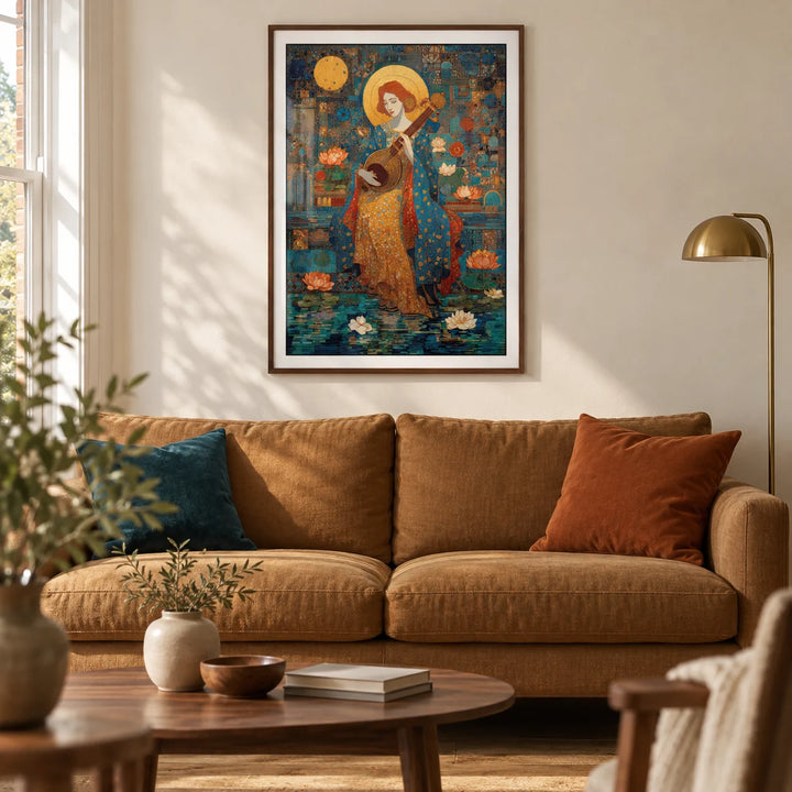 Saraswati Veena Print, framed on the wall of a warm contemporary living room in a UK Victorian terrace with ivory plaster walls and oak floorboards