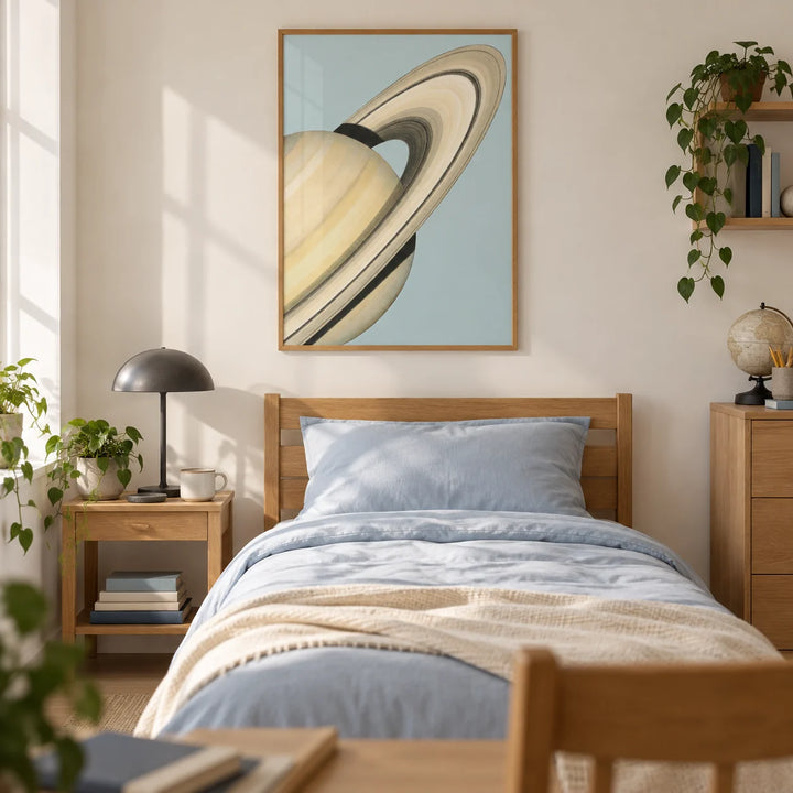 Saturn Wall Art, framed on the wall of a calm astronomy-loving teenager's single bedroom (13-17) in a UK family home with warm white walls and pale timber flooring