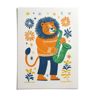 Saxophone Lion Art Print, shown as an unframed paper print on a plain white background