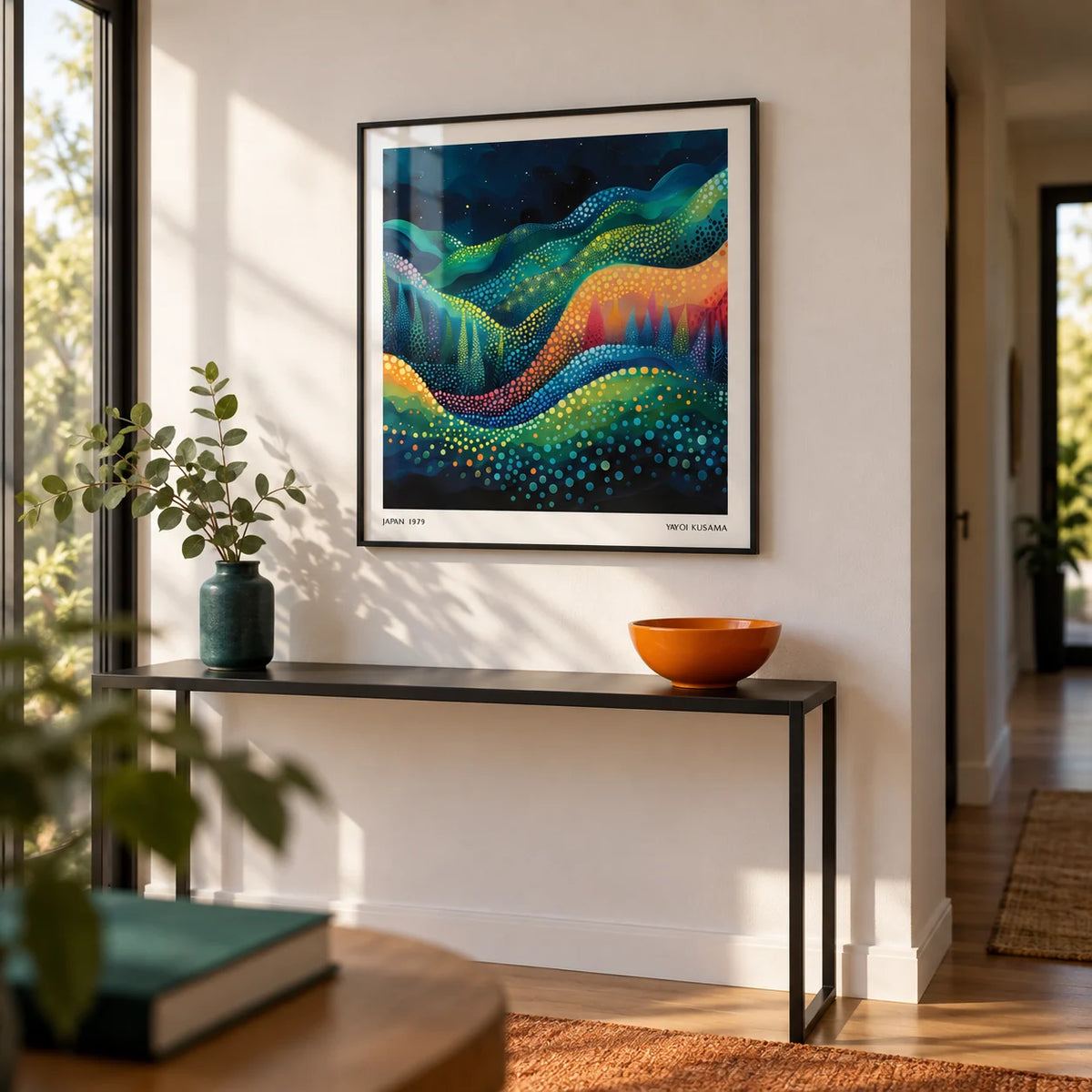 Scenic Wall Art, framed on the wall of a modern hallway with a white wall