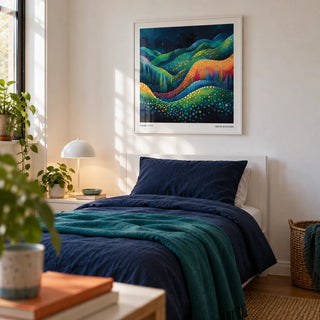 Scenic Wall Art, framed on the wall of a modern single bedroom in a first flat (22-28) with a white wall