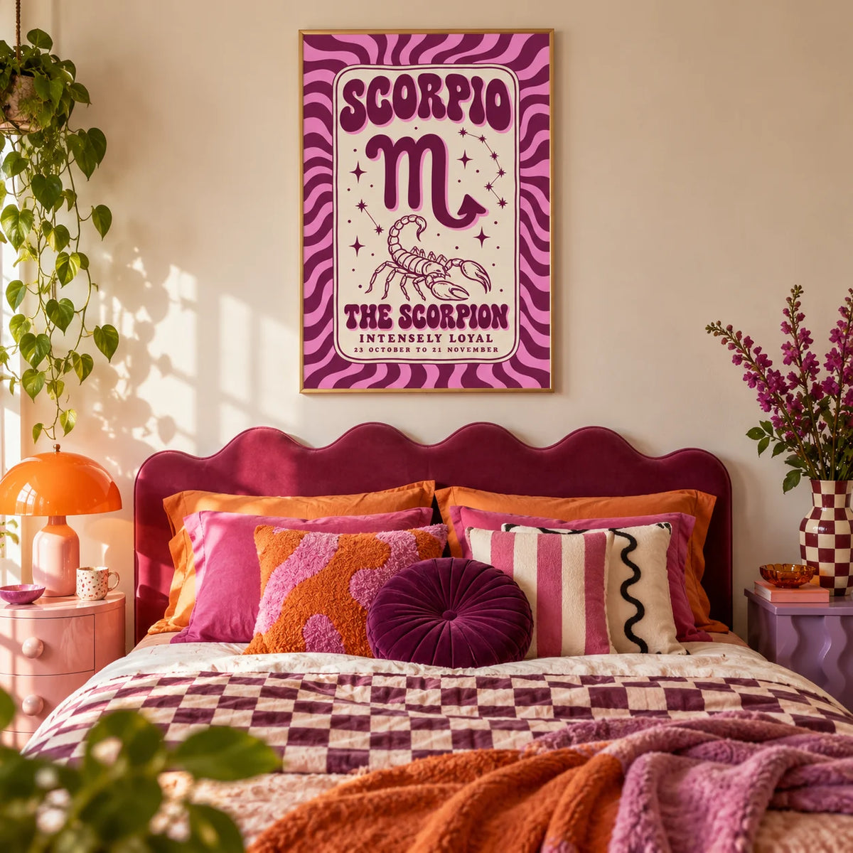 Scorpio Print, framed on the wall of a colourful dopamine bedroom
