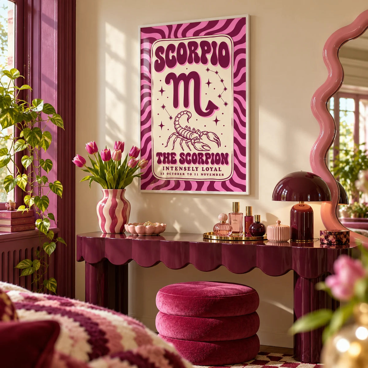 Scorpio Print, framed on the wall of a playful dressing area in a bathroom