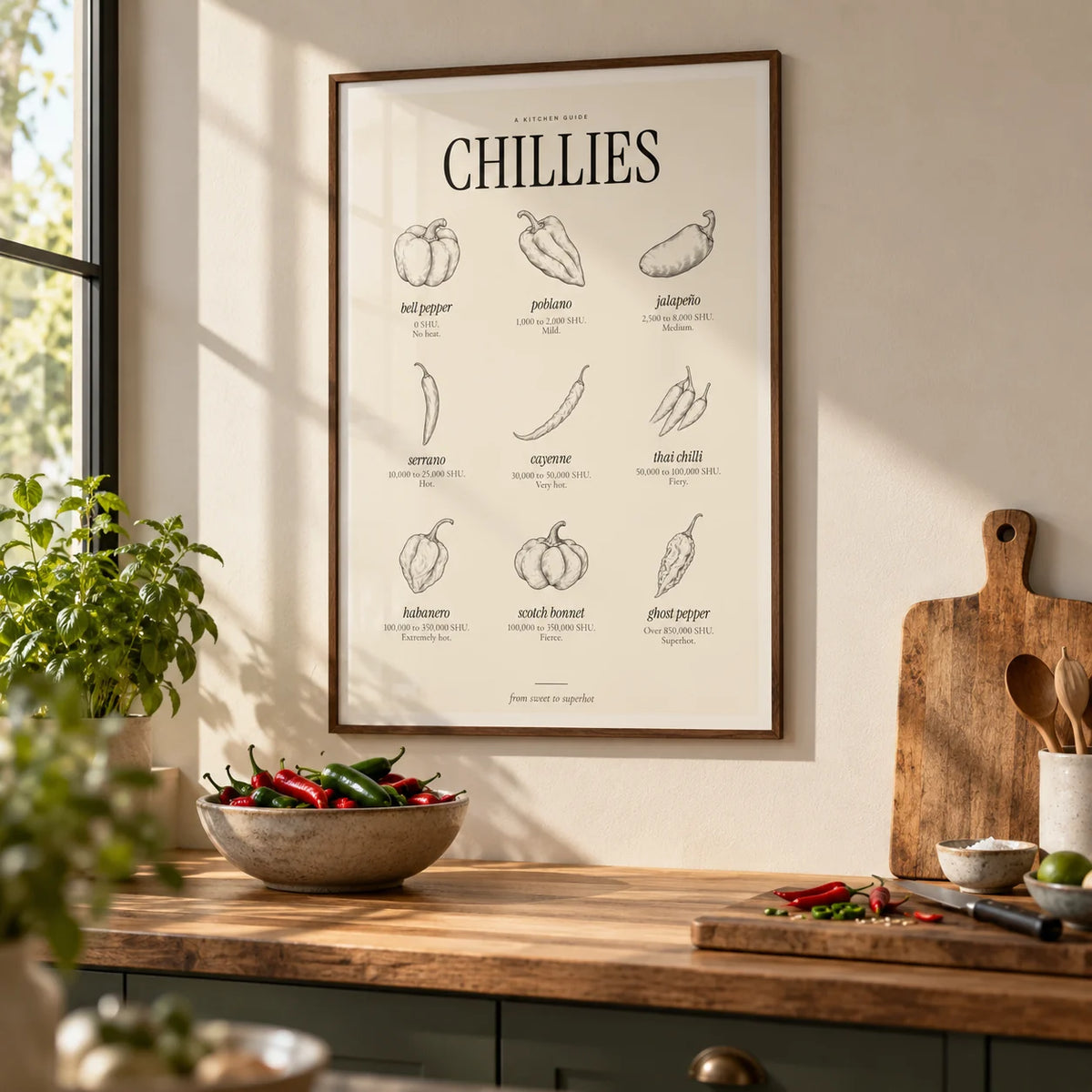 Scoville Scale Print, framed on the wall of a calm modern kitchen