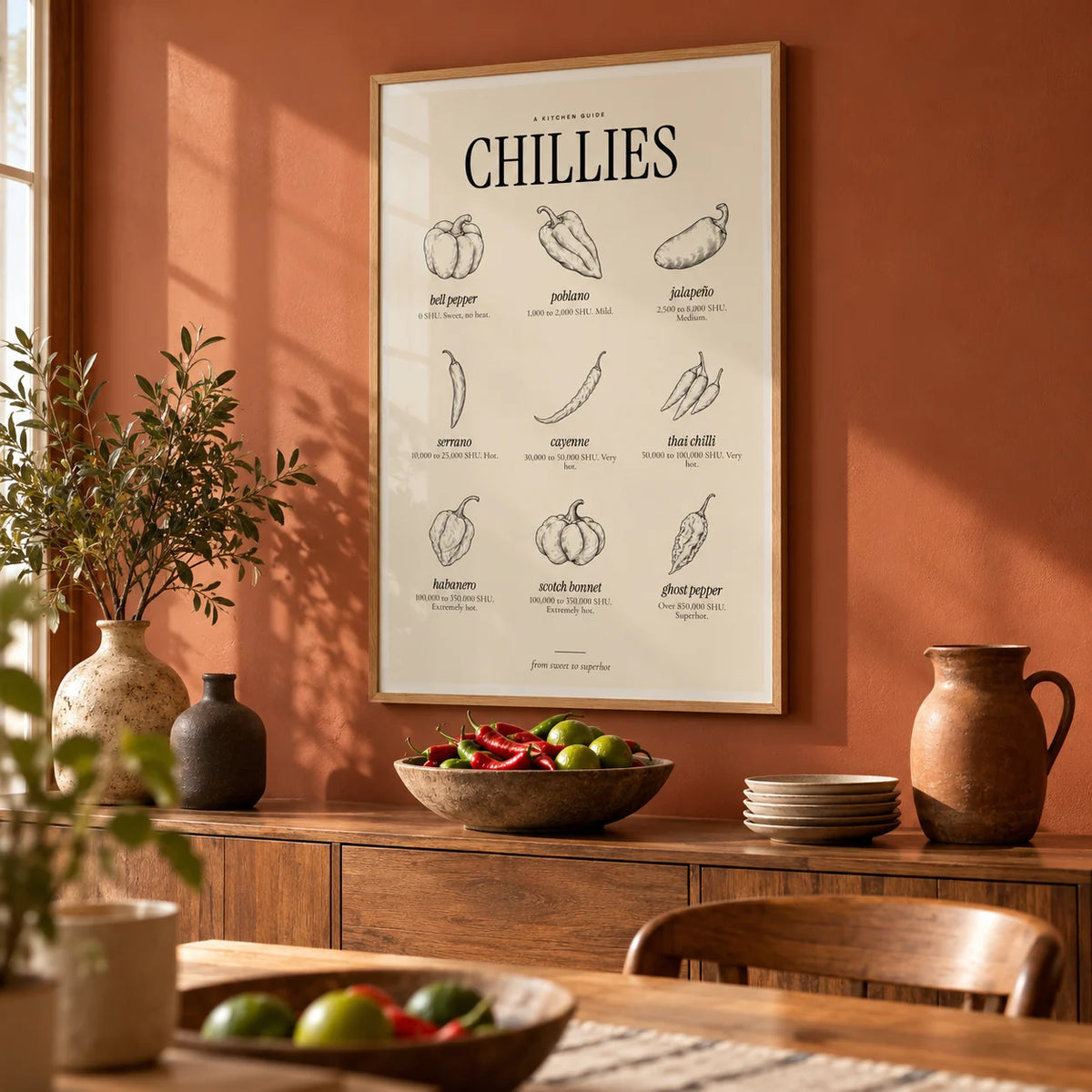 Scoville Scale Print, framed on the wall of a dining room with warm terracotta walls