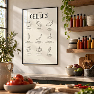 Scoville Scale Print, framed on the wall of a kitchen with open shelves