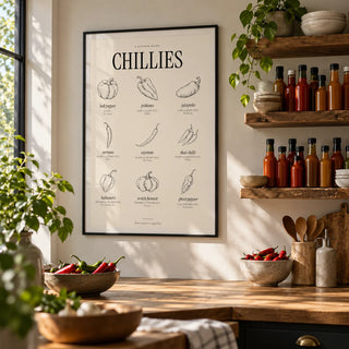 Scoville Scale Print, framed on the wall of a kitchen with open shelves
