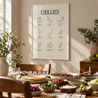 Scoville Scale Print, framed on the wall of a relaxed dining room set for taco night