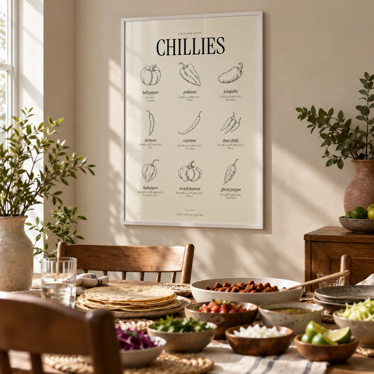 Scoville Scale Print, framed on the wall of a relaxed dining room set for taco night